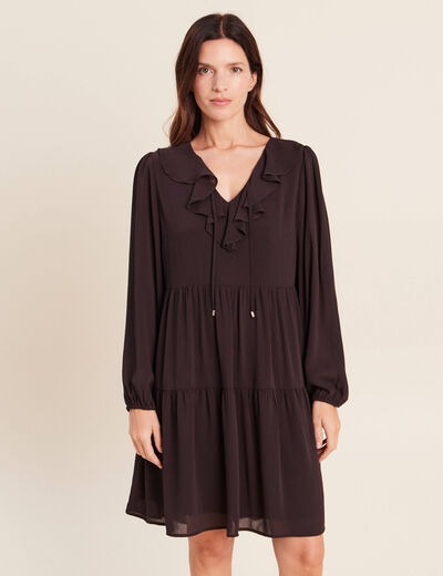 Robe courte &eacute;vas&eacute;e col v manches longues marron fonc&eacute; femme
