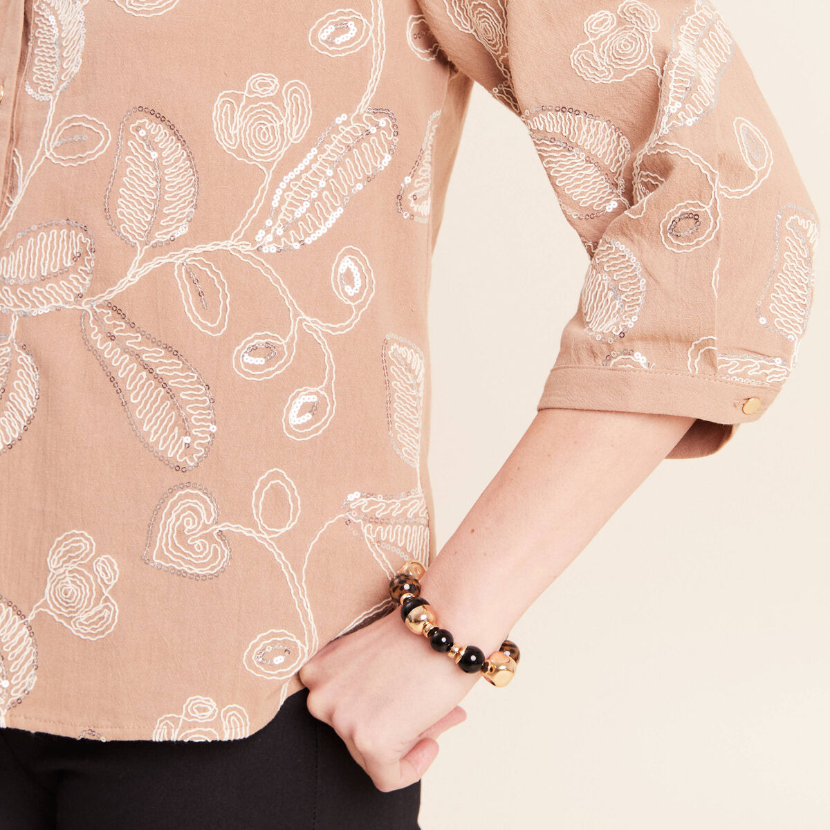 Blouse col tunisien manches 3/4 beige femme