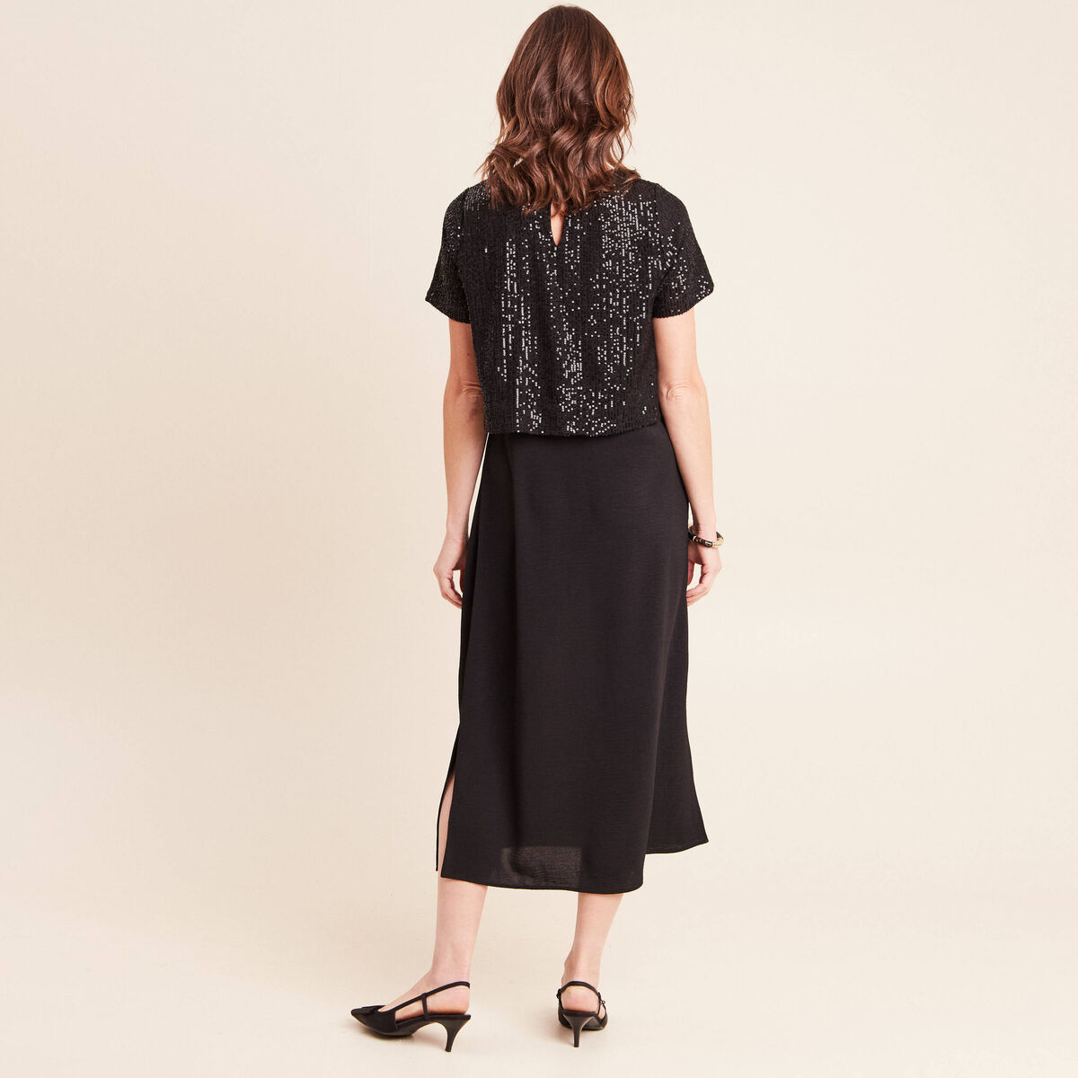 Robe longue &eacute;vas&eacute;e 2 en 1 col rond noir femme