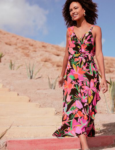 Robe longue portefeuille rose fushia femme