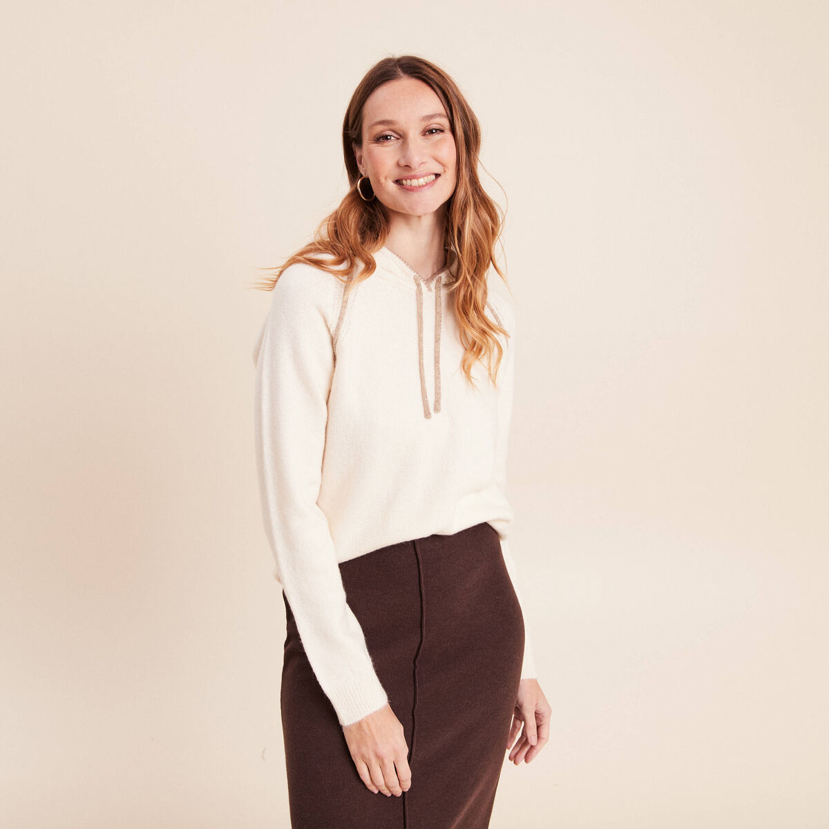 Sweat droit long &agrave; capuche ecru femme