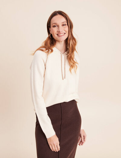 Sweat droit long &agrave; capuche ecru femme