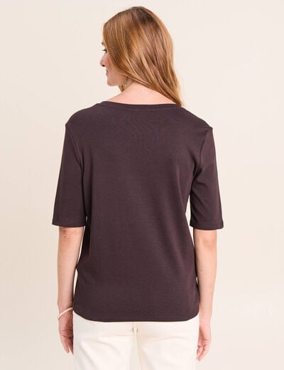 T-shirt ajust&eacute; col rond manches coudes marron fonc&eacute; femme