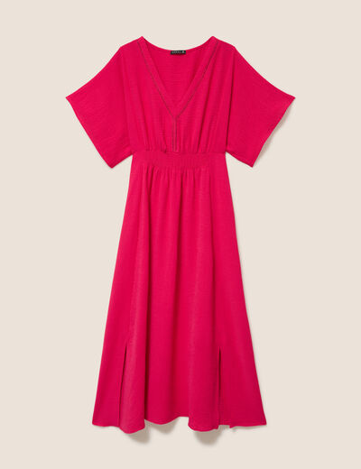 Robe longue &eacute;vas&eacute;e col v manches coudes rose fushia femme