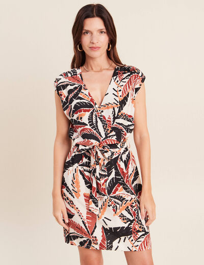 Robe droite courte col V manches courtes orange femme