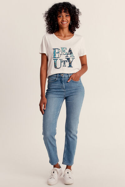 Jean droit taille haute 7/8ème denim double stone femme