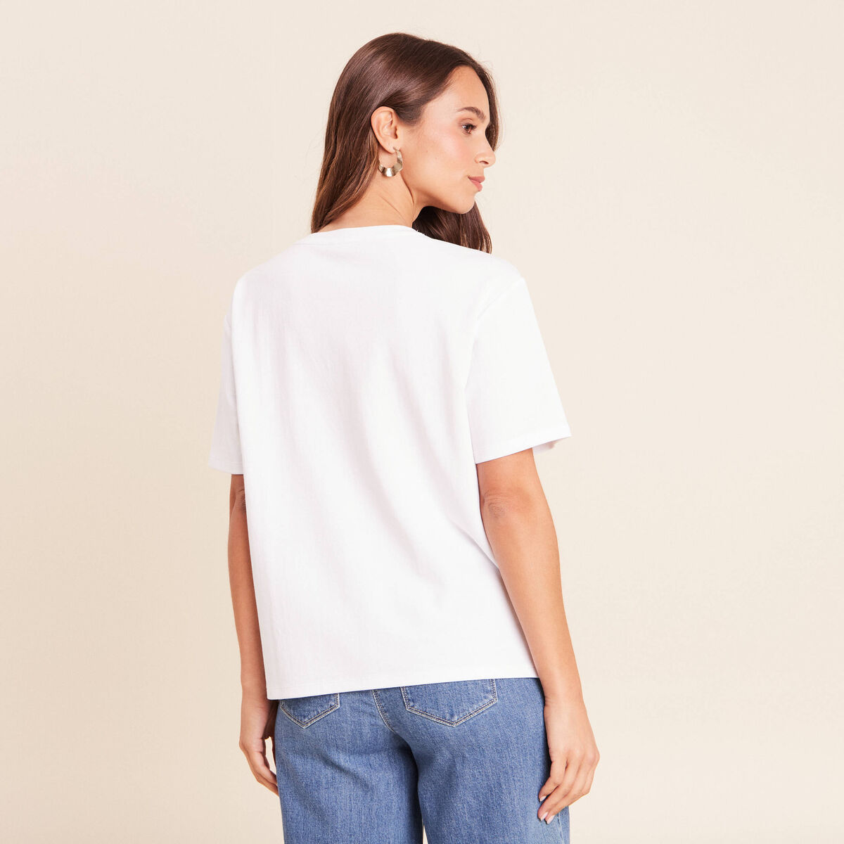 T-shirt col rond manches courtes sequins blanc femme
