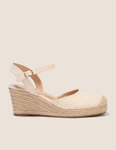 Espadrille compens&eacute;e aspect dentelle ivoire femme