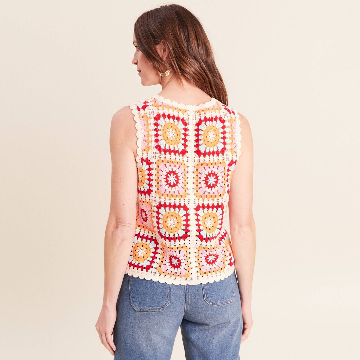 Gilet macram&eacute; col v sans manches ecru femme