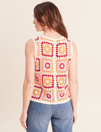Gilet macram&eacute; col v sans manches ecru femme
