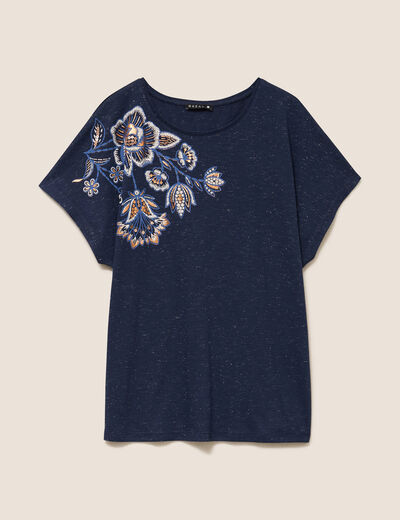 T-shirt &agrave; sequins manches courtes bleu marine femme