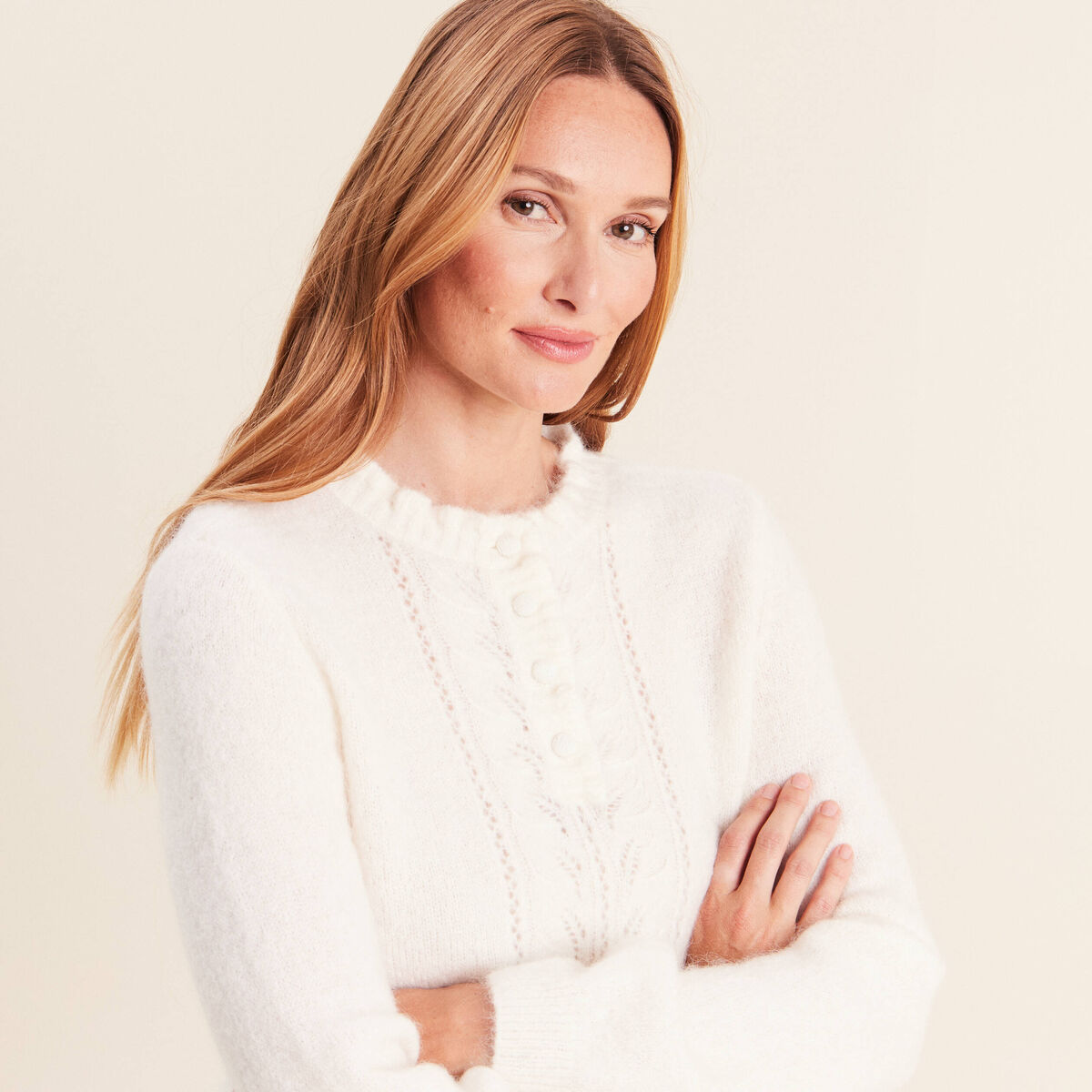 Pull col tunisien ecru femme