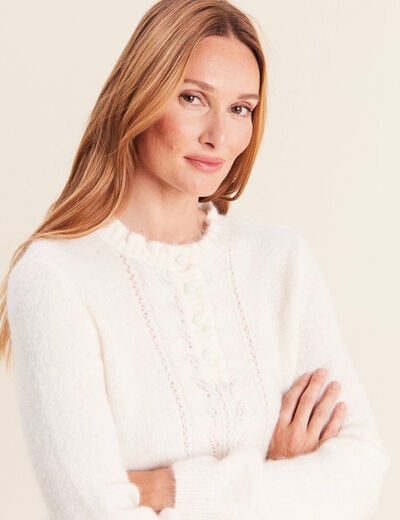 Pull col tunisien ecru femme
