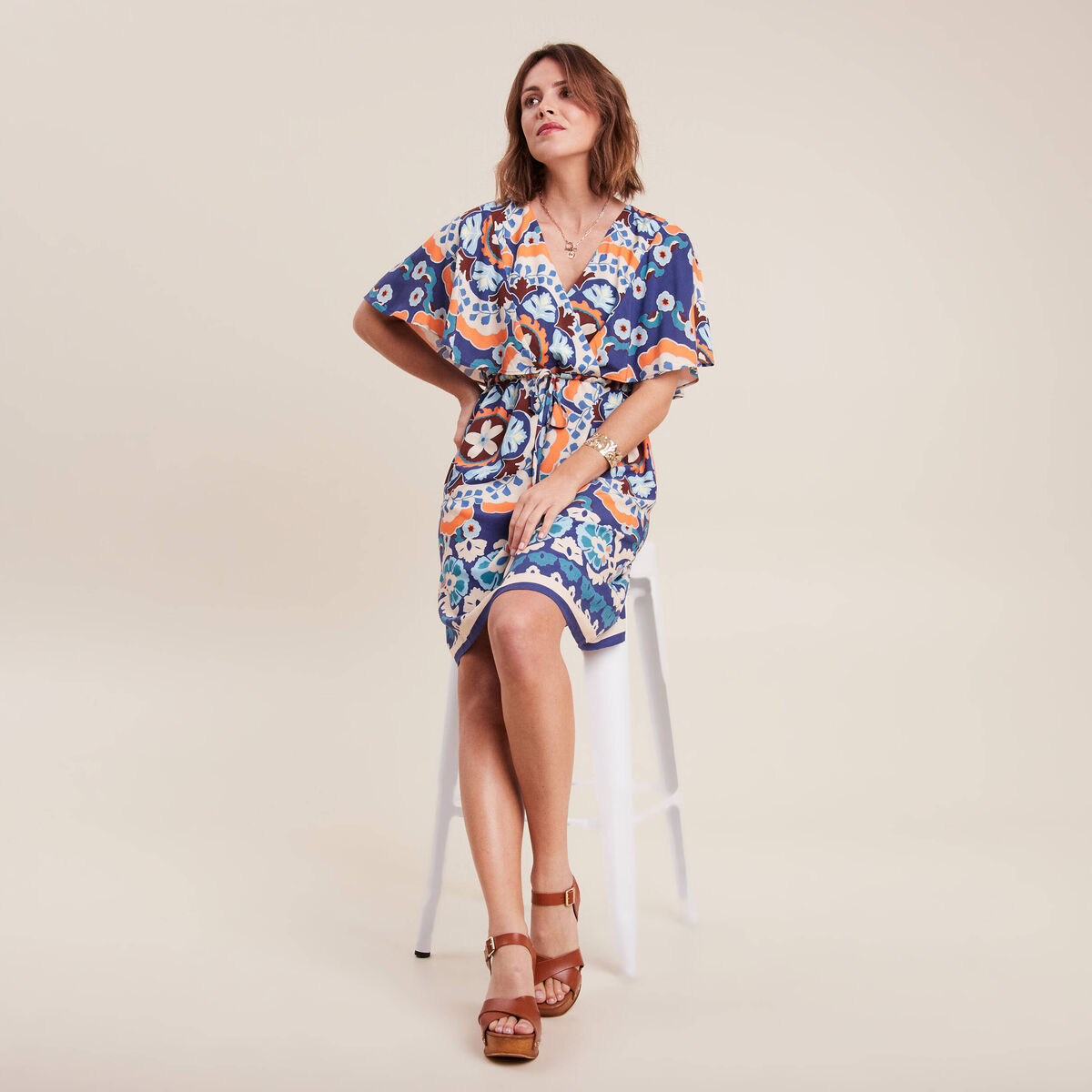 Robe droite col cache-coeur bleu femme