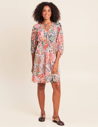 Robe courte &eacute;vas&eacute;e col v manches 3/4 multicolore femme