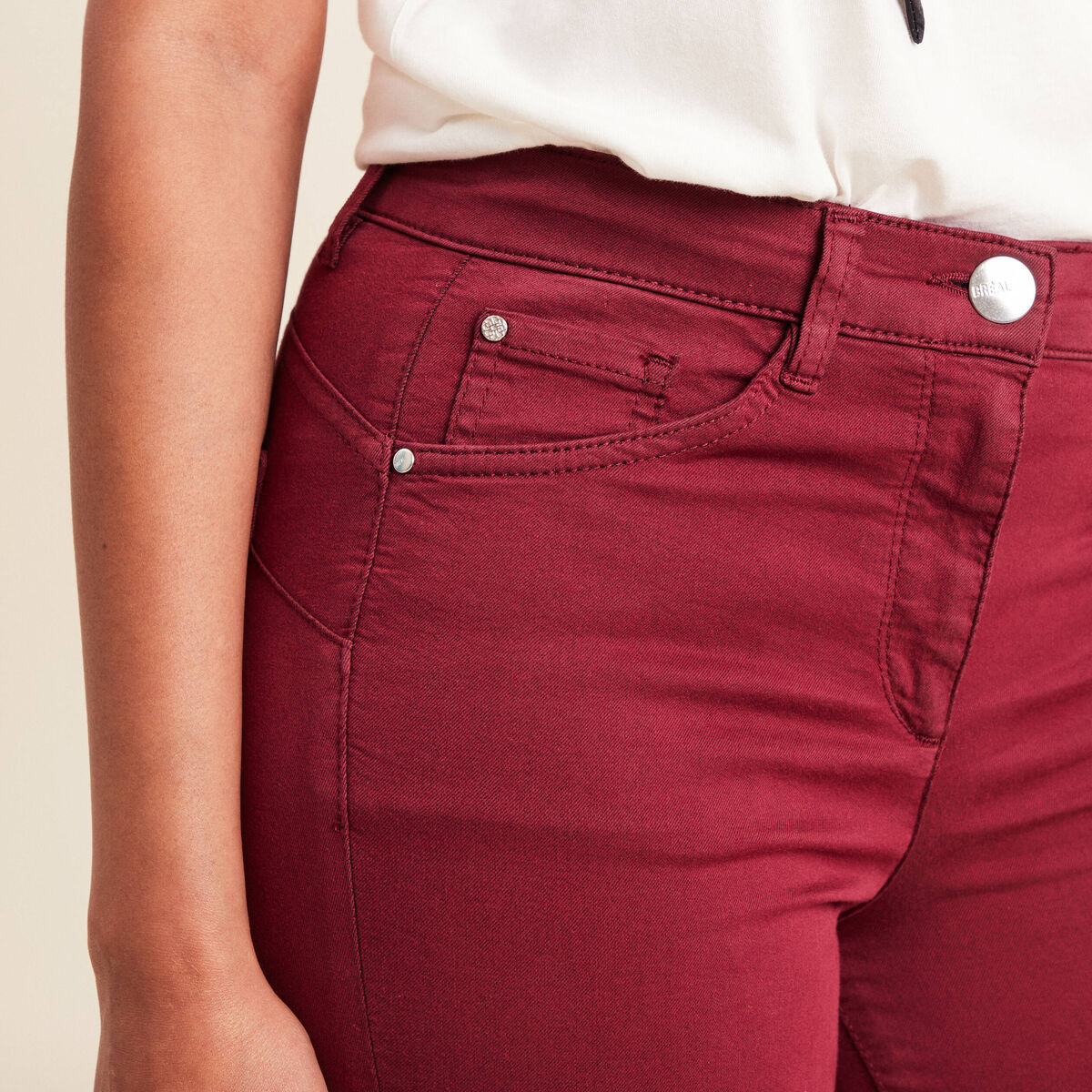 Pantalon droit taille haute 7/8ème bordeaux femme