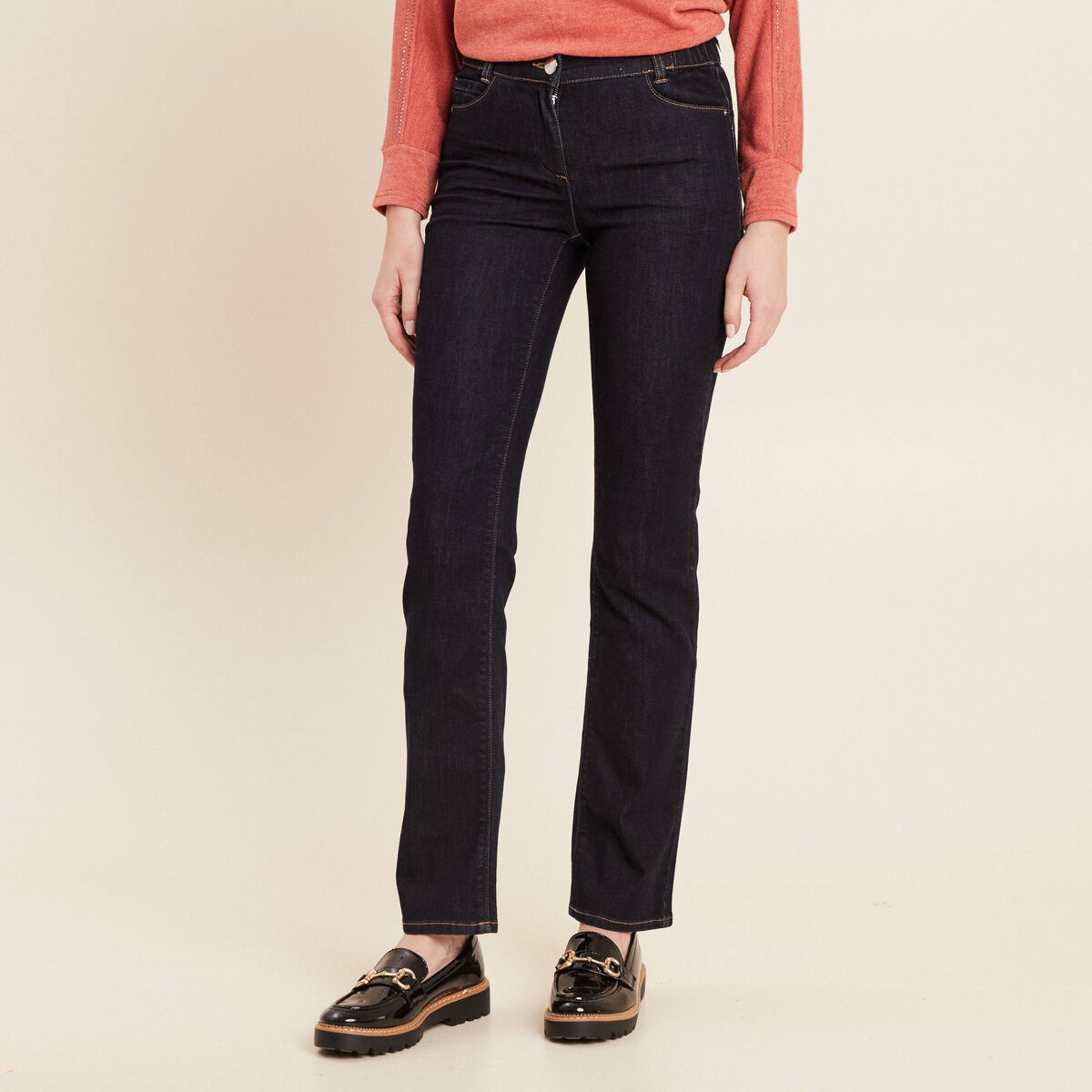 Jean droit taille basculée denim brut femme