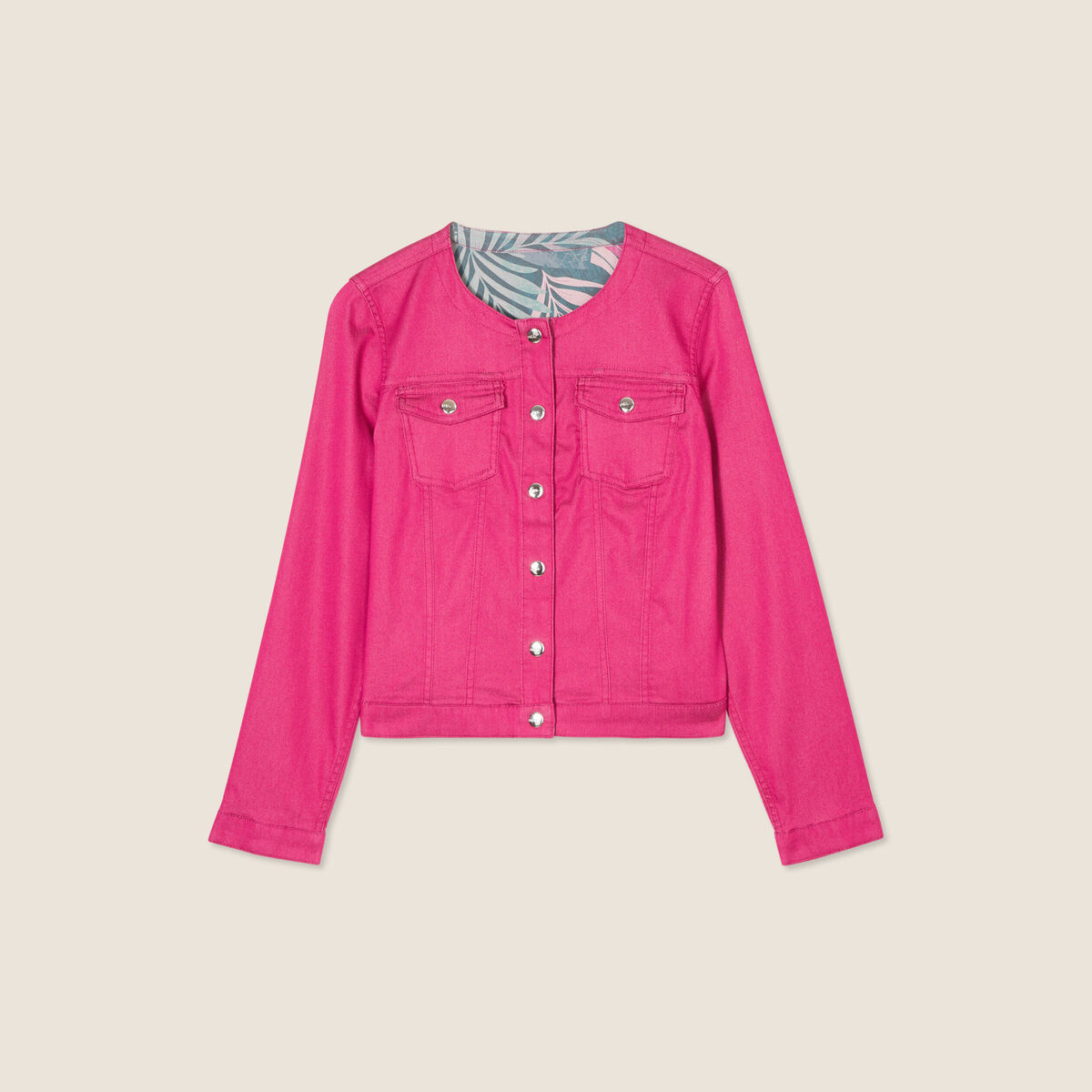 Veste cintr&eacute;e r&eacute;versible jean rose fushia femme