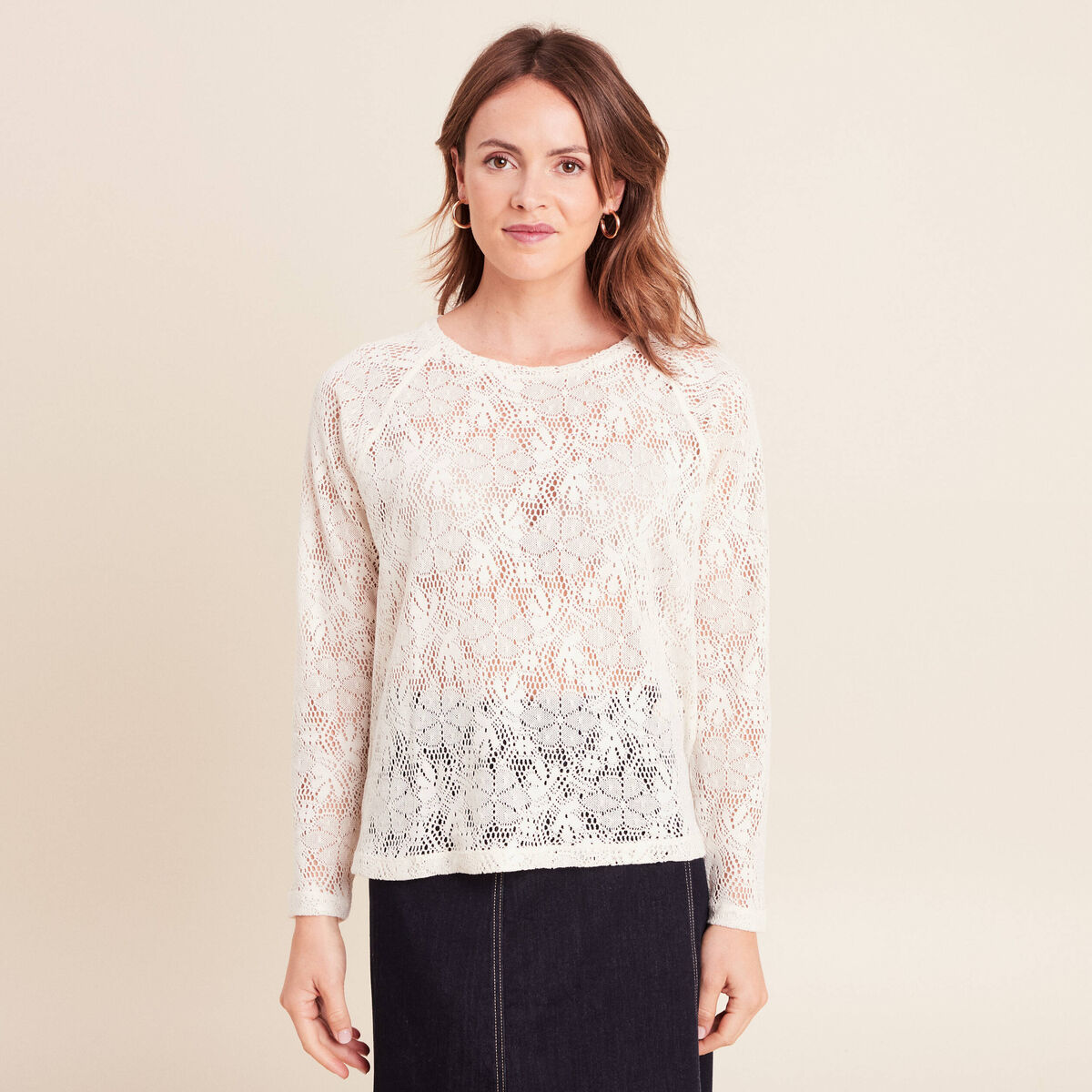 T-shirt manches longues aspect dentelle ecru femme