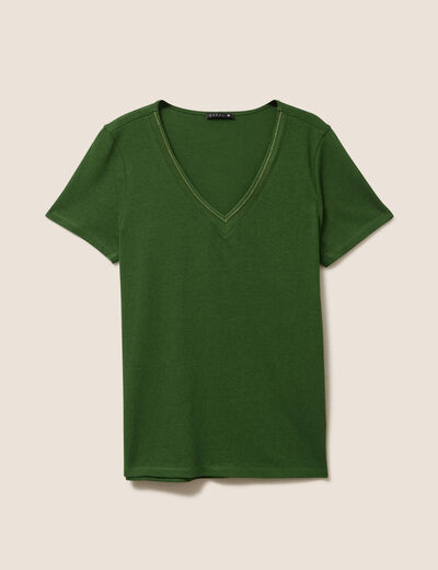 T-shirt manches courtes col en V vert foncé femme