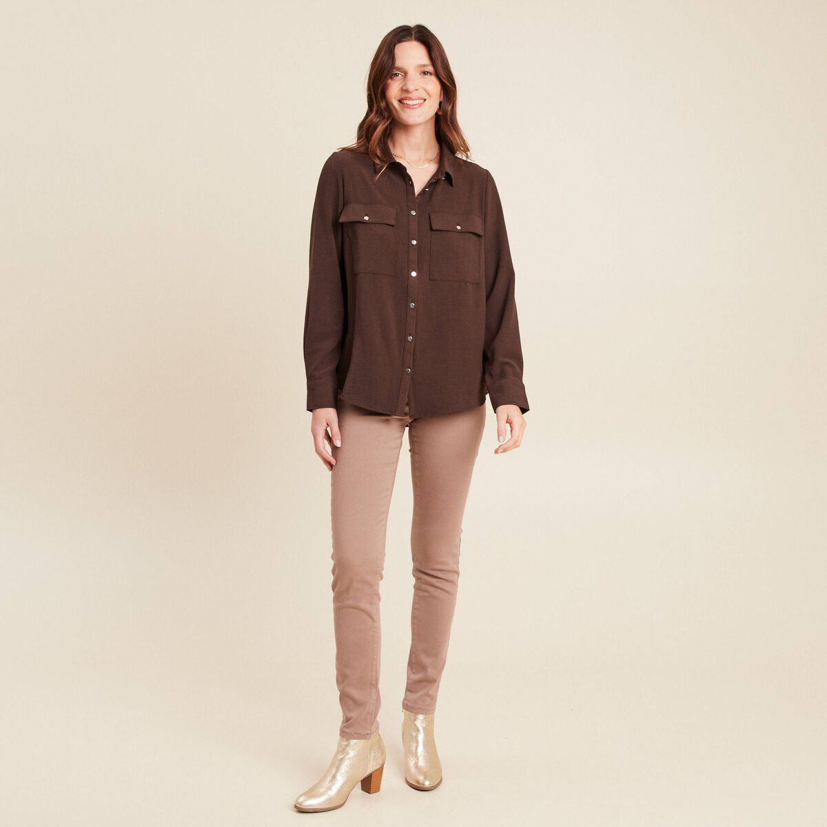 Chemise manches longues marron femme