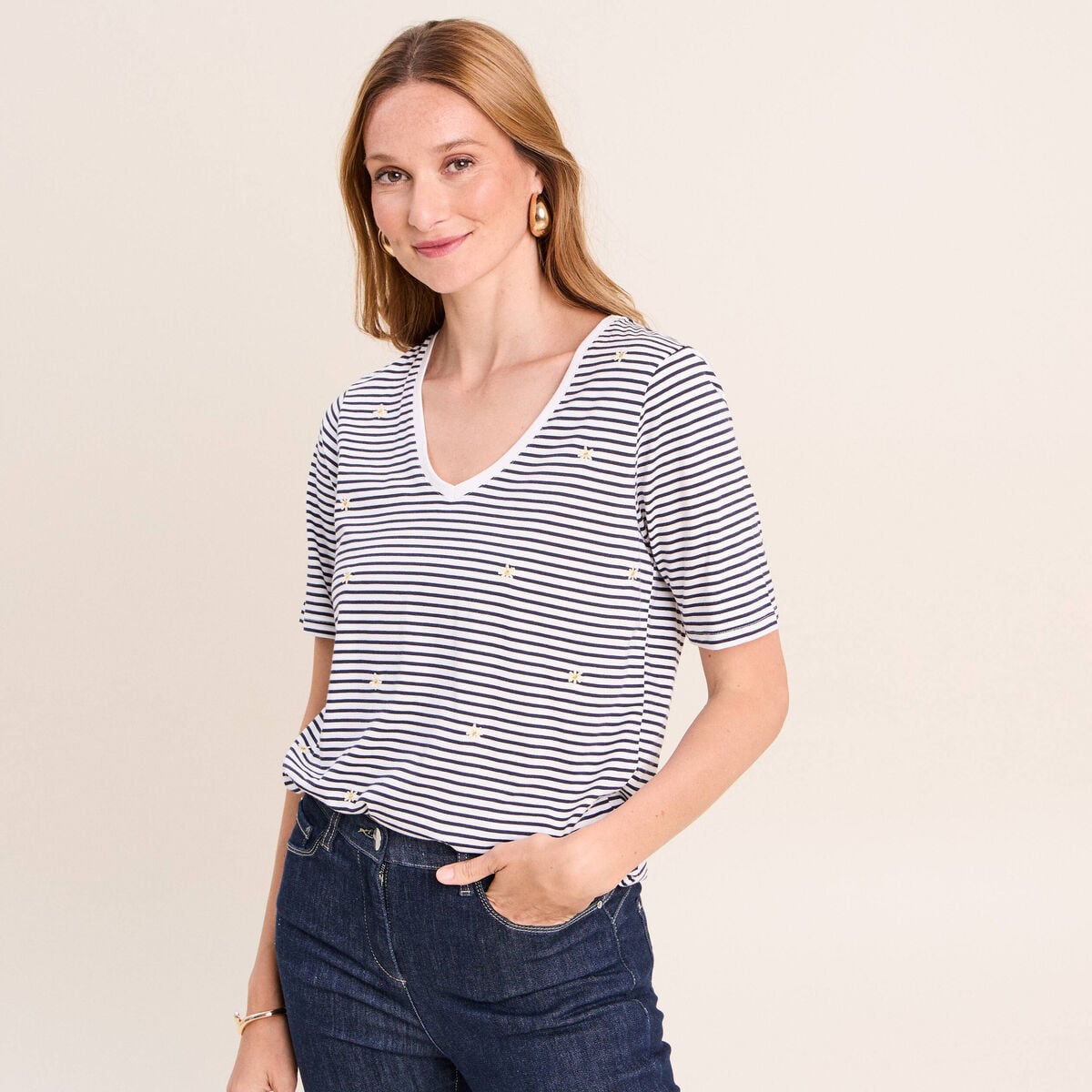 T-shirt droit broderie manches courtes bleu femme