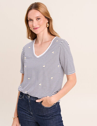 T-shirt droit broderie manches courtes bleu femme