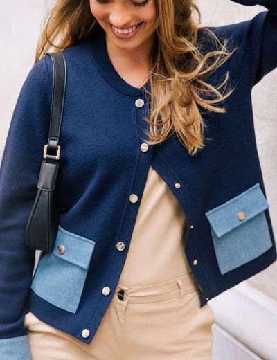 gilet droit court manches longues bleu marine femme