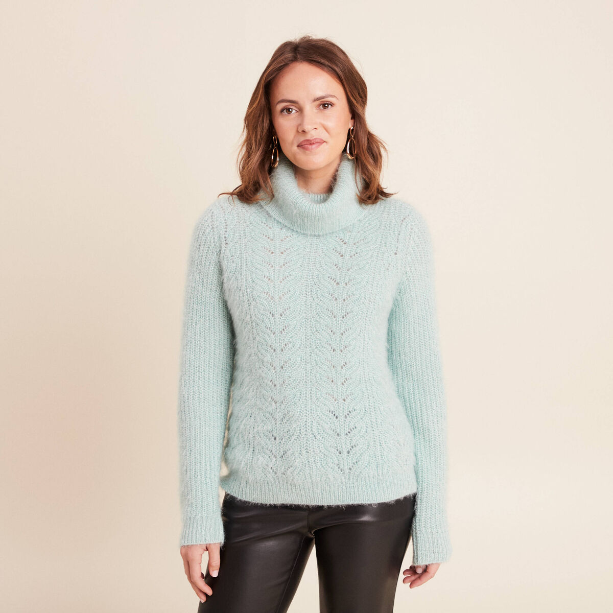 Pull droit manches longues vert pastel femme