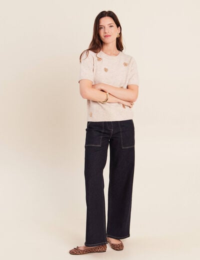Pull manches courtes d&eacute;tails bijout&eacute;s beige femme