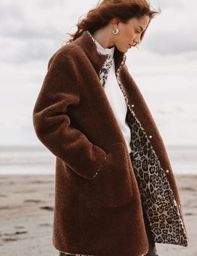 Manteau imprim&eacute; r&eacute;versible marron fonc&eacute; femme