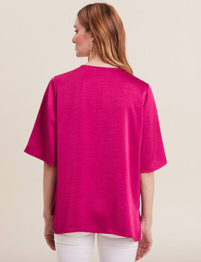 Blouse manches 3/4 satin rose fushia femme