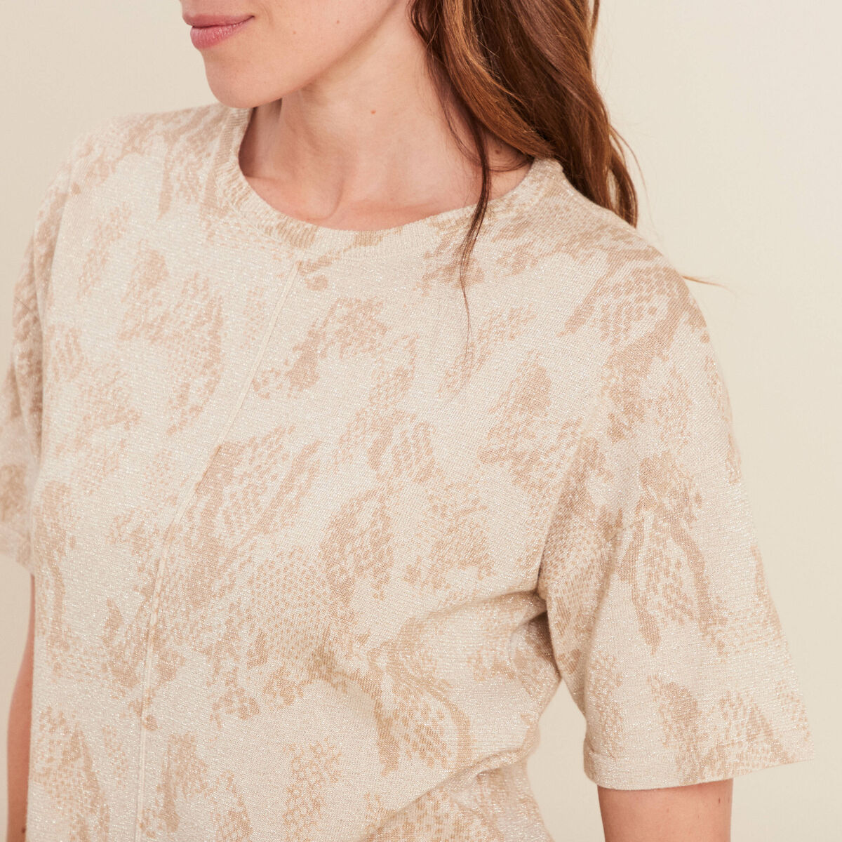 Pull col rond manches courtes beige femme