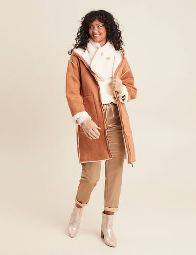 Manteau su&eacute;dine &agrave; capuche marron femme