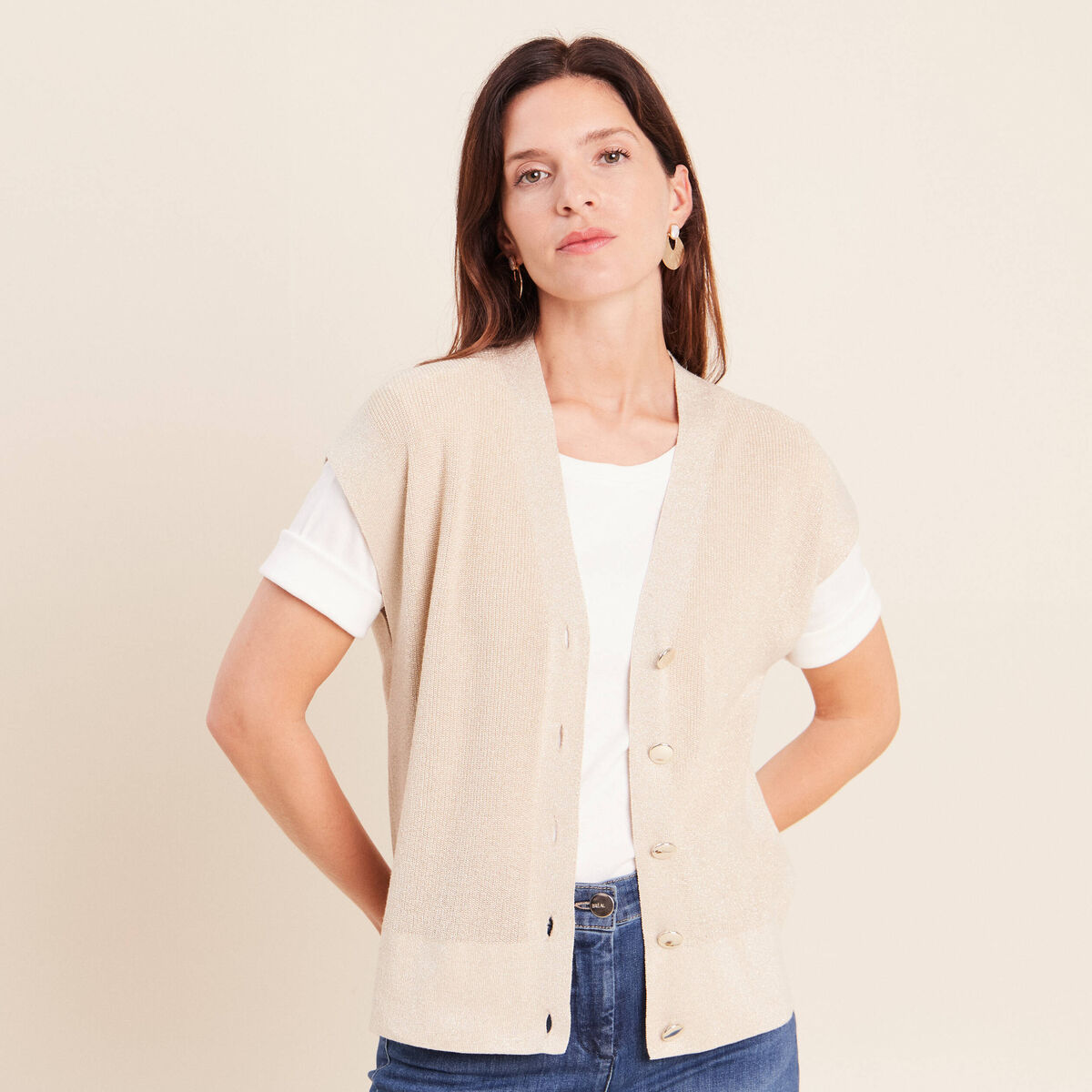 Gilet col v couleur or femme