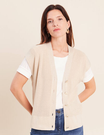 Gilet col v couleur or femme