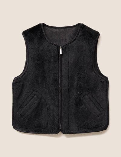 Veste sans manches sans col marron fonc&eacute; noir femme