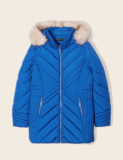 Doudoune d&eacute;perlante &agrave; capuche amovible bleu electrique femme