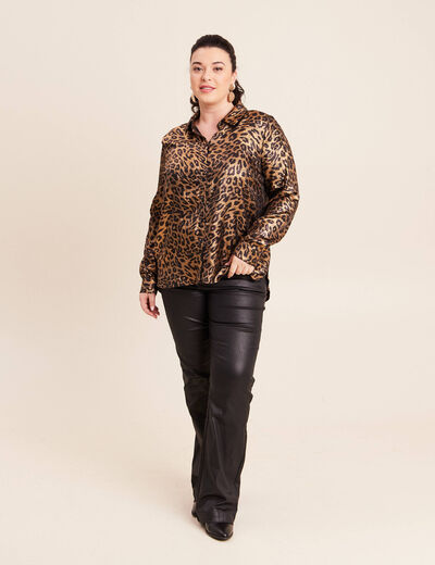 Chemise droite mi-longue brillante noir femme