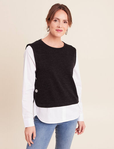 T-shirt 2 en 1 col rond manches longues noir femme