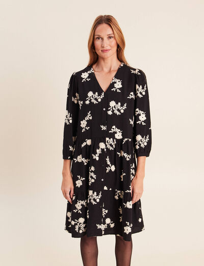 Robe courte &eacute;vas&eacute;e col v manches 3/4 noir femme