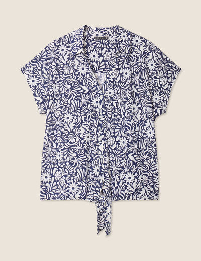 Blouse manches courtes nouée bleu femme