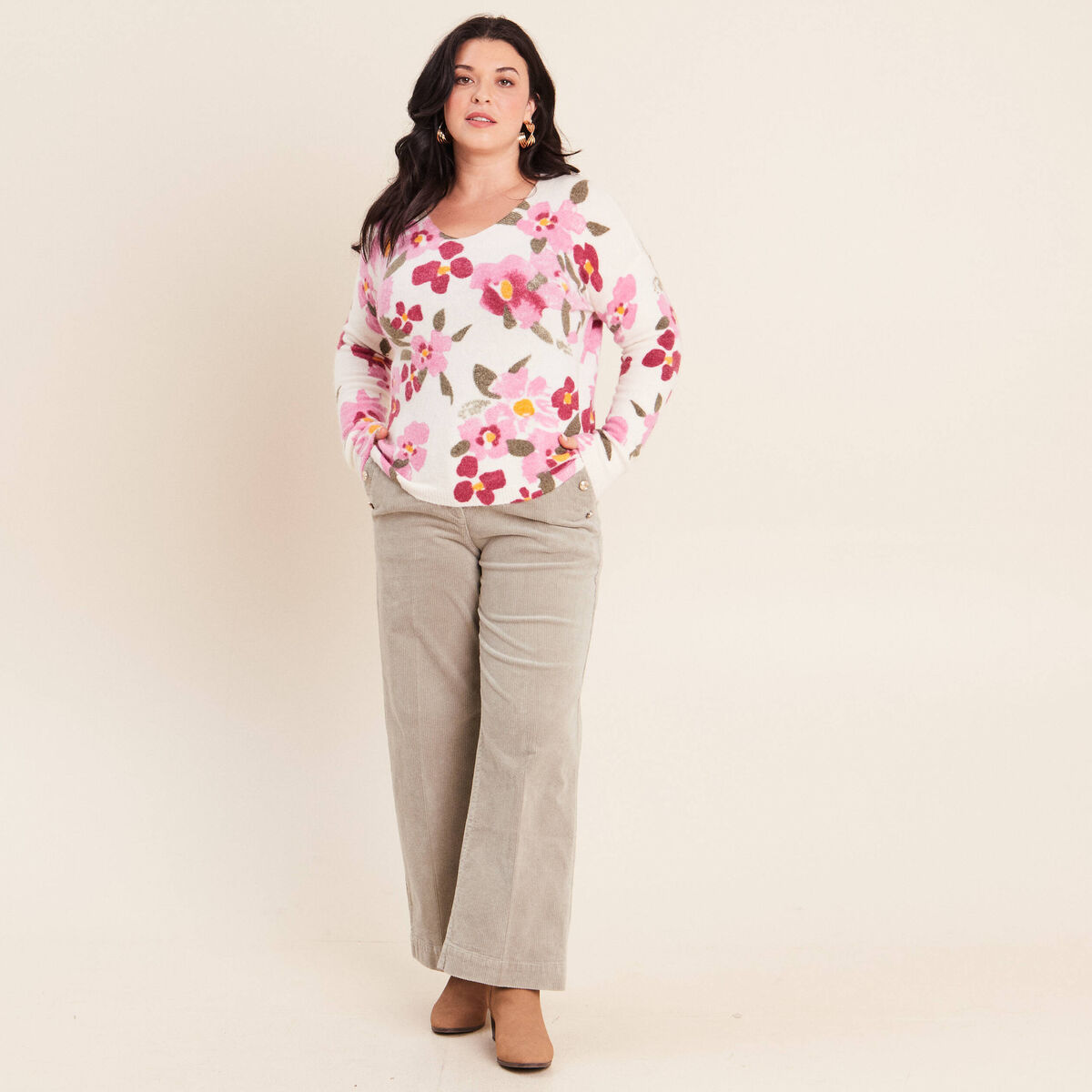Pantalon large velours c&ocirc;tel&eacute; vert clair femme