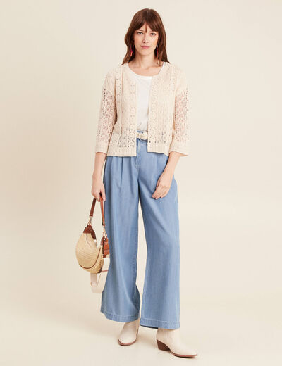 Gilet manches 3/4 ajouré ecru femme