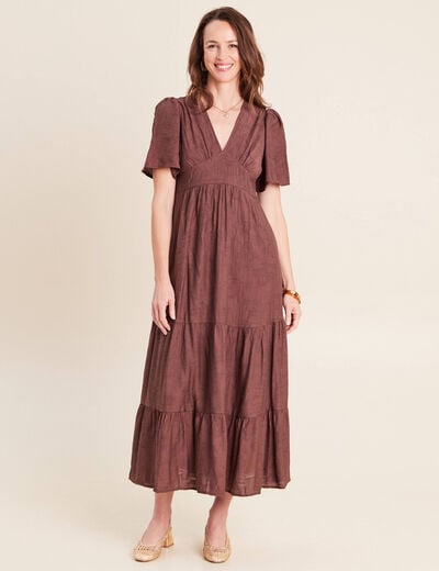 Robe &eacute;vas&eacute;e col v doubl&eacute;e marron fonc&eacute; femme