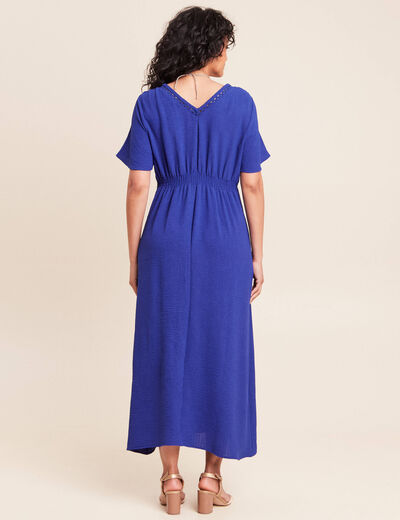 Robe longue &eacute;vas&eacute;e col v manches coudes bleu fonc&eacute; femme