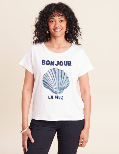 T-shirt col rond manches courtes brod&eacute; blanc femme