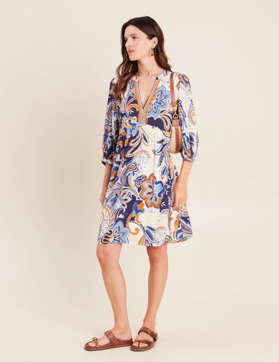 Robe courte &eacute;vas&eacute;e col v manches 3/4 bleu femme