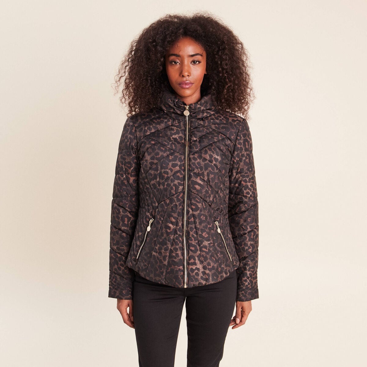 Doudoune d&eacute;perlante droite zipp&eacute;e marron femme