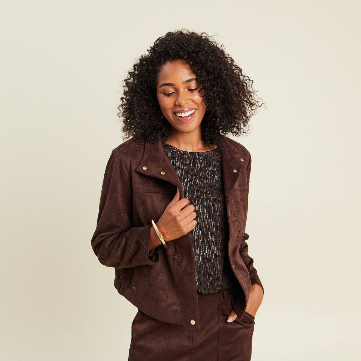 Veste col montant doubl&eacute;e marron fonc&eacute; femme